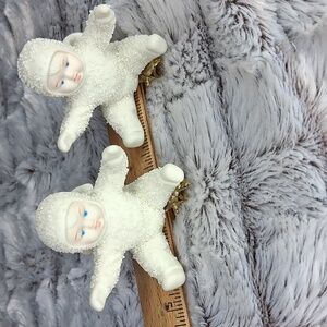 Vintage 1987 Department 56 2 Snowbabies Bisque Gold Clip On Ornaments EUC